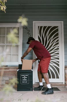 A delivery man placing a package in a designated box at a residential front door.